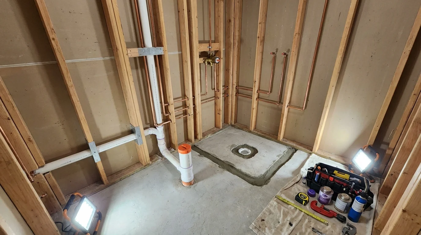 Bathroom rough-in plumbing during remodel by Johns Plumbing LLC in Westmoreland