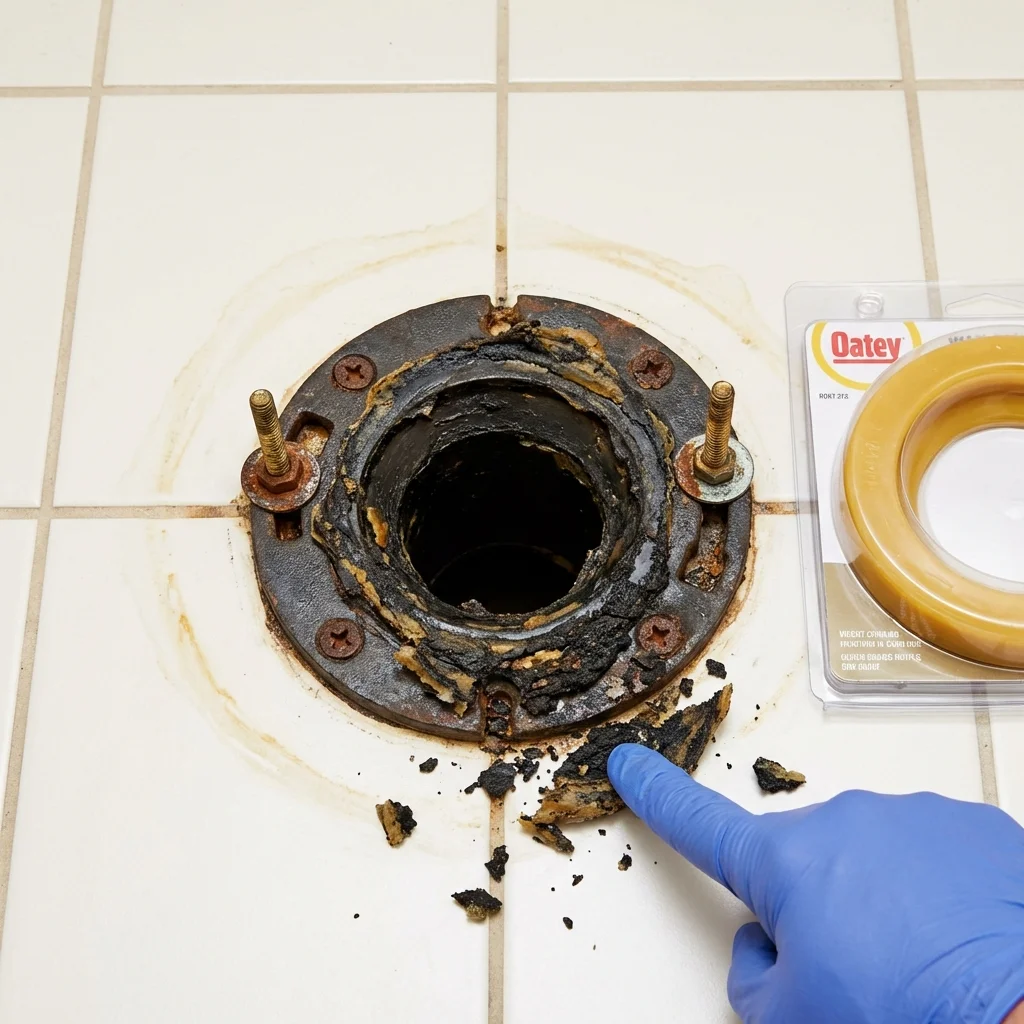 Failed wax ring showing water seepage at the base of a toilet in a Westmoreland, KS home