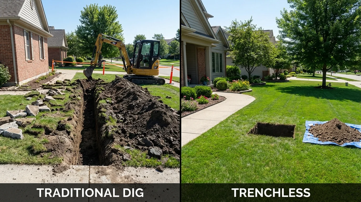 Trenchless sewer repair with minimal yard damage versus traditional excavation in Westmoreland, KS