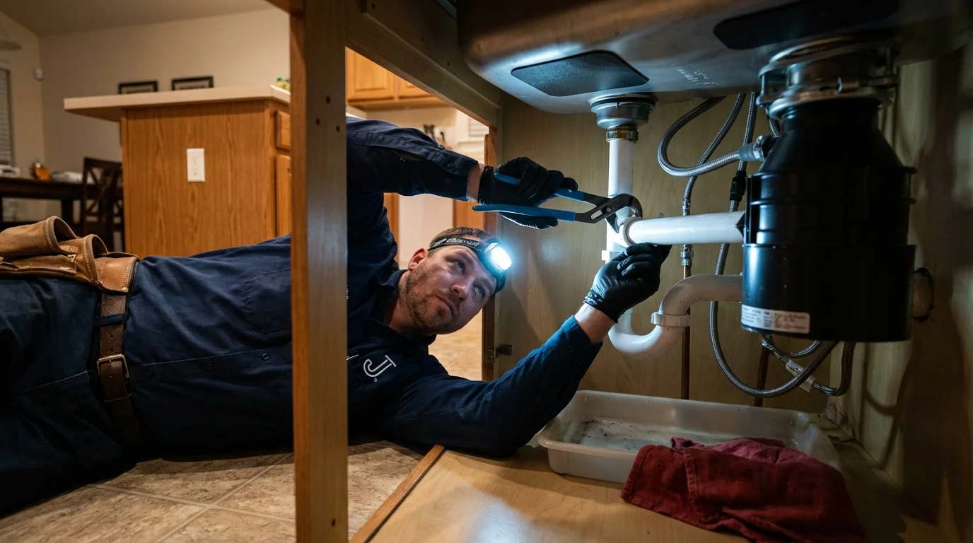 P-trap and supply line connections under a kitchen sink showing a common leak point in Westmoreland, KS